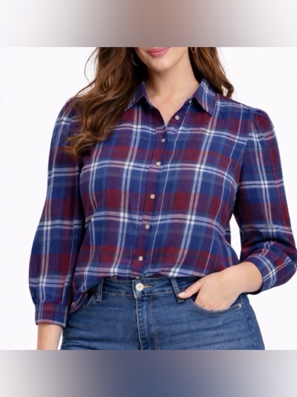 Como Vintage Plaid Button Down Shirt women’s L Gathered Sleeve Detail(A393)✨